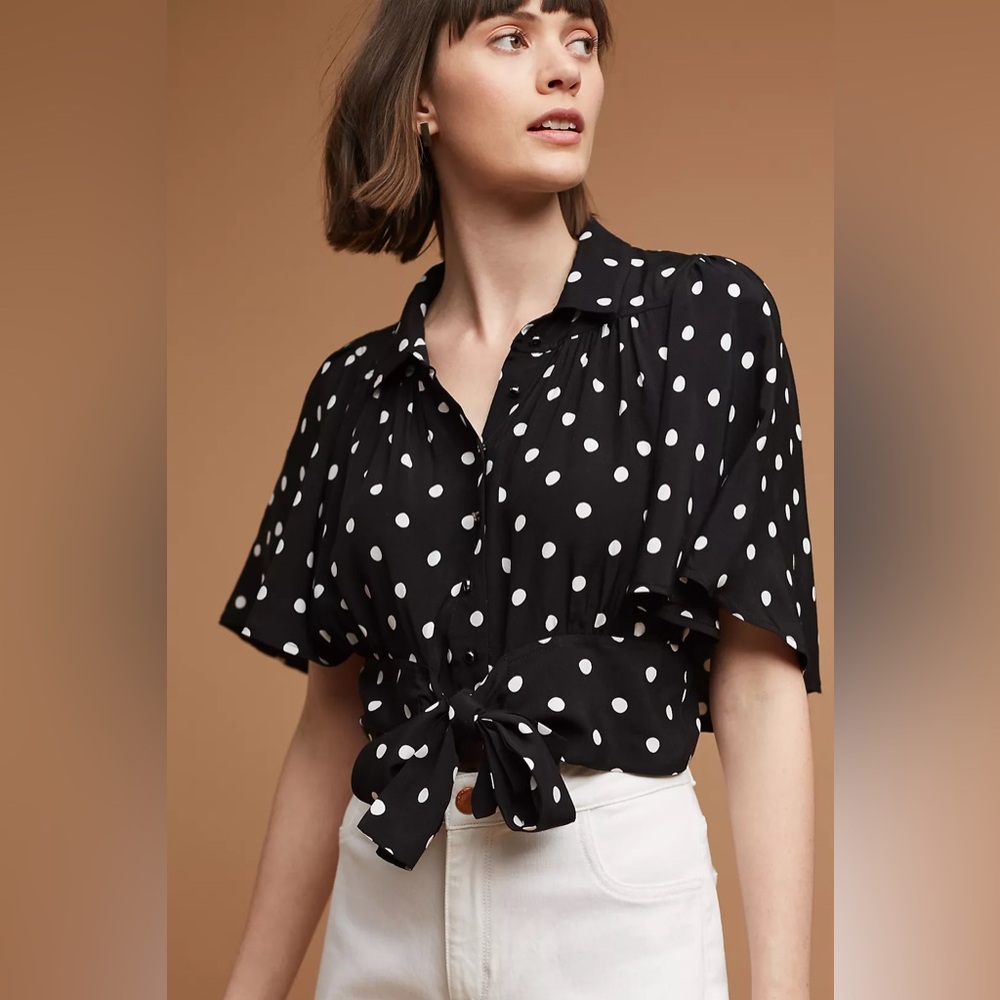 Anthropologie Maeve Canna Polka Dot Crop Tie Top Black & White